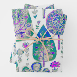 Watercolour Christmas Tree Purple Green Blue Wrapping Paper Sheets