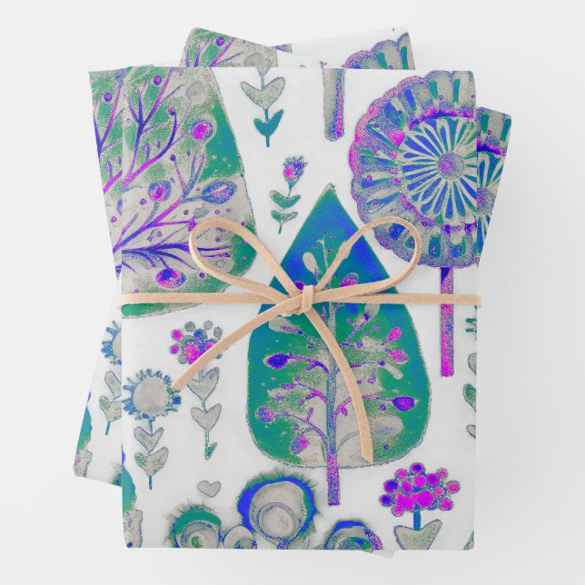 Watercolour Christmas Tree  Purple Green Blue Wrapping Paper Sheets (In situ)
