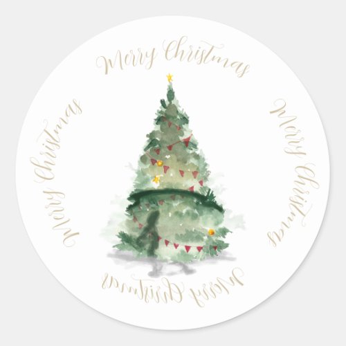 Watercolour Christmas Tree with Christmas greeting Classic Round Sticker