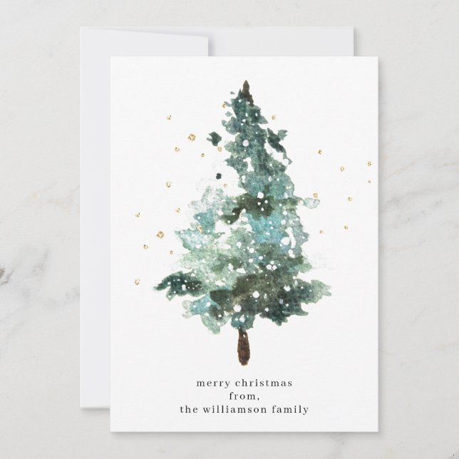 Watercolour Christmas Tree With Gold Sparkles Holiday Card (Front)