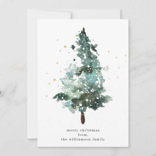 Watercolour Christmas Tree With Gold Sparkles Holiday Card