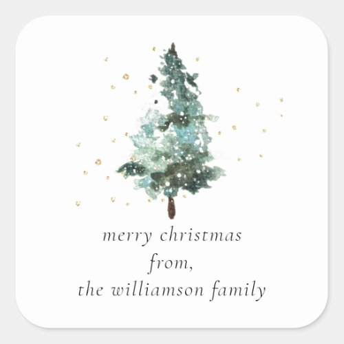 Watercolour Christmas Tree With Gold Sparkles Square Sticker