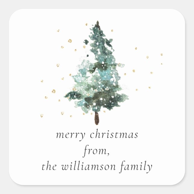 Watercolour Christmas Tree With Gold Sparkles Square Sticker (Front)