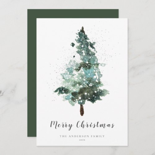 Watercolour Christmas Tree with Sparkle  Holiday Card