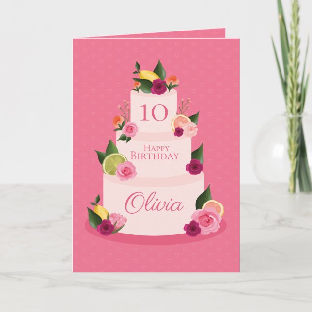 Watercolour Citus Floral 3 Tier Birthday Cake Card (Front)