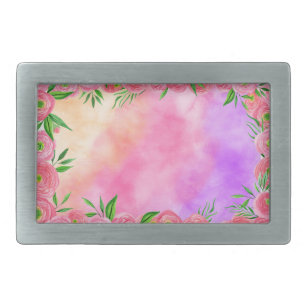 Watercolour Clouds With Floral Roses Frame Belt Buckle