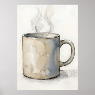 Watercolour Coffee Mug Poster Cozy Kitchen Wall