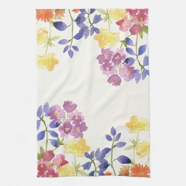 Watercolour Colorful Wild Flowers Tea Towel (Vertical)