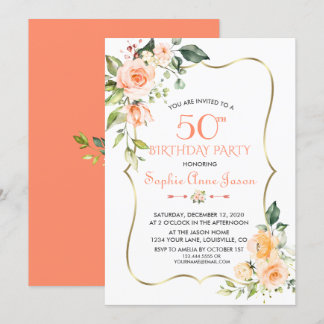 Watercolour Coral Floral Gold Frame 50th Birthday Invitation