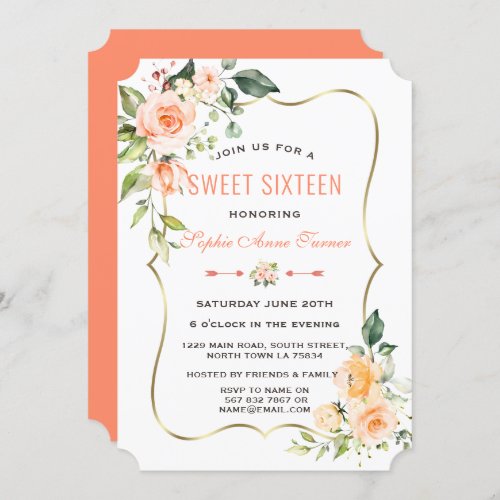 Watercolour Coral Flowers Gold Frame Sweet 16 Invitation