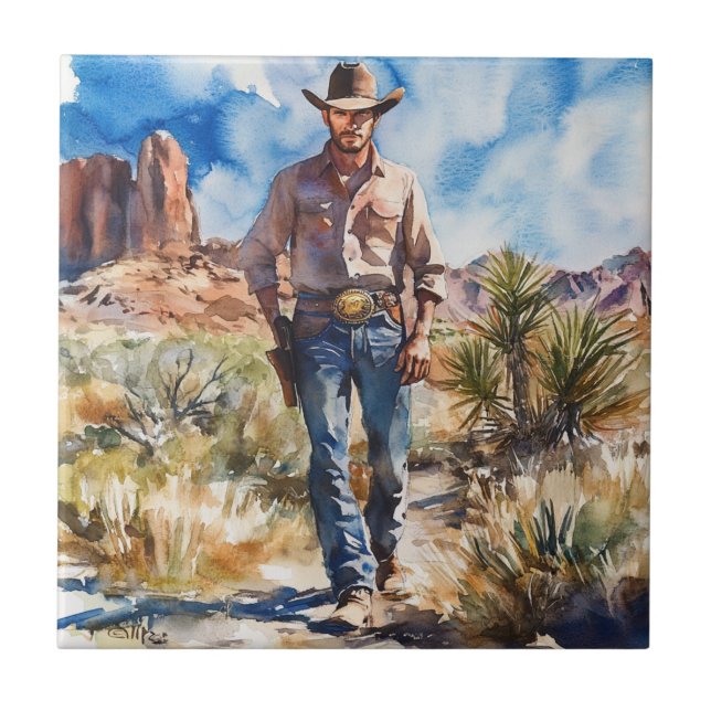 Watercolour Cowboy in Desert Ceramic Tile (Front)