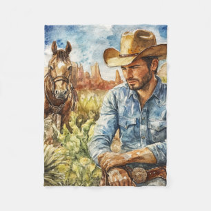 Watercolour Cowboy in Desert Fleece Blanket