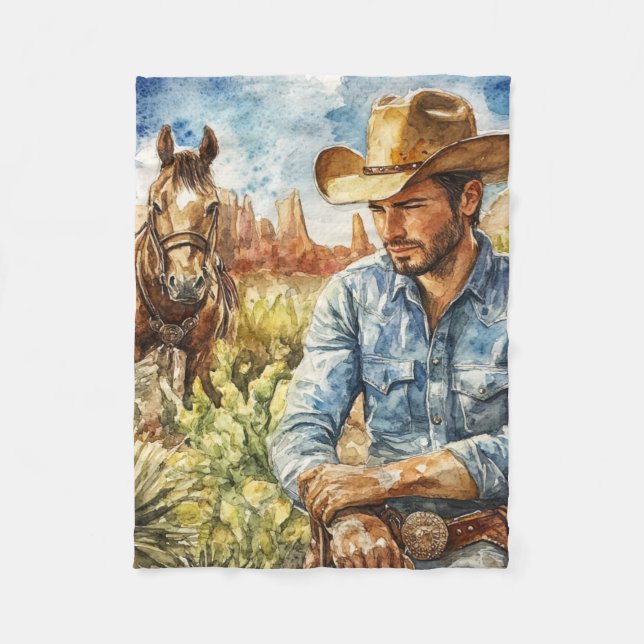 Watercolour Cowboy in Desert Fleece Blanket (Front)