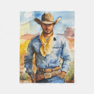 Watercolour Cowboy in Desert Fleece Blanket