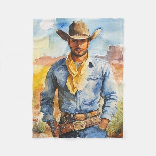 Watercolour Cowboy in Desert Fleece Blanket (Front)