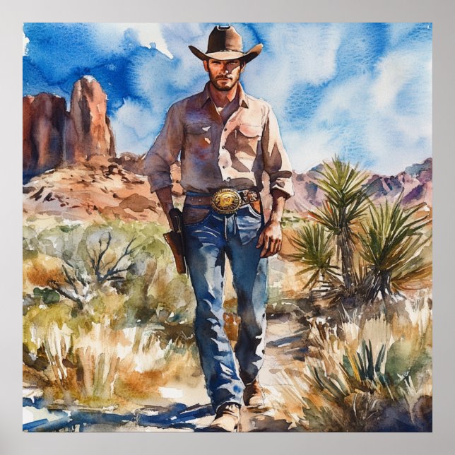 Watercolour Cowboy in Desert Poster (Front)