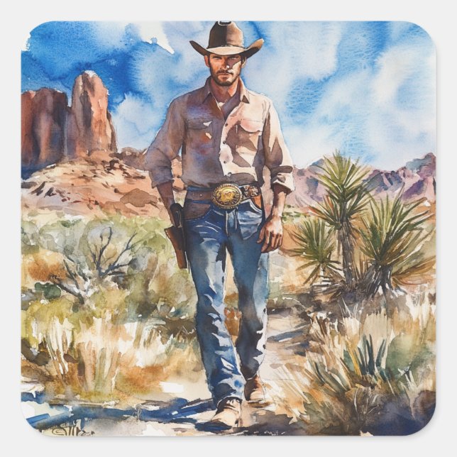 Watercolour Cowboy in Desert Square Sticker (Front)