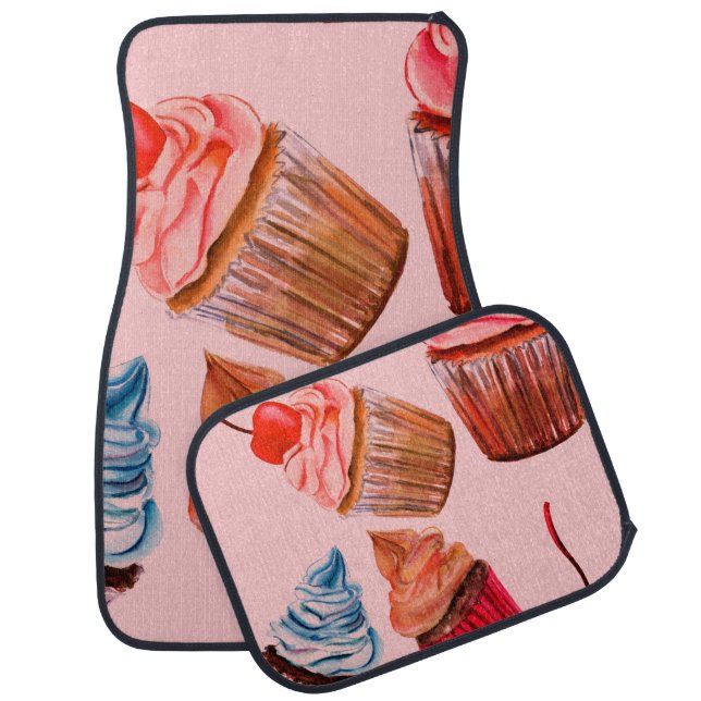 Watercolour cupcakes seamless background pattern,  car floor mat (Set)