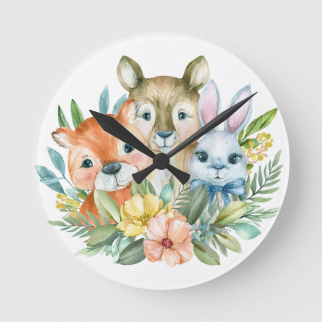 Watercolour cute animals design round clock (Front)