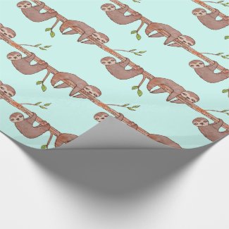 Watercolour Cute Baby Sloths on Tree Pattern Wrapping Paper
