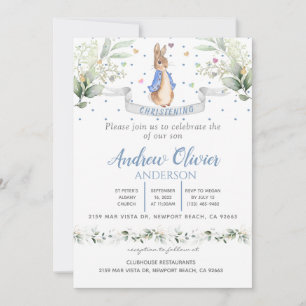Watercolour Cute Peter Rabbit Boy Christening In Invitation