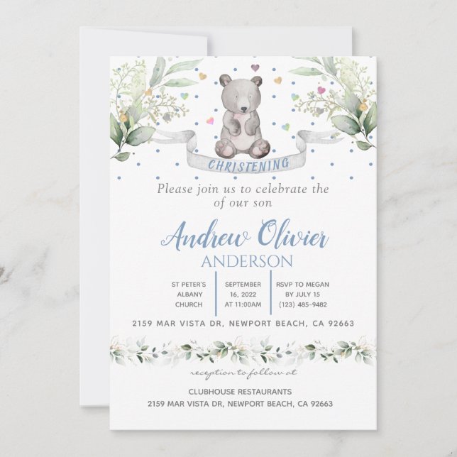 Watercolour Cute Teddy Bear Baby Boy Christening Invitation (Front)