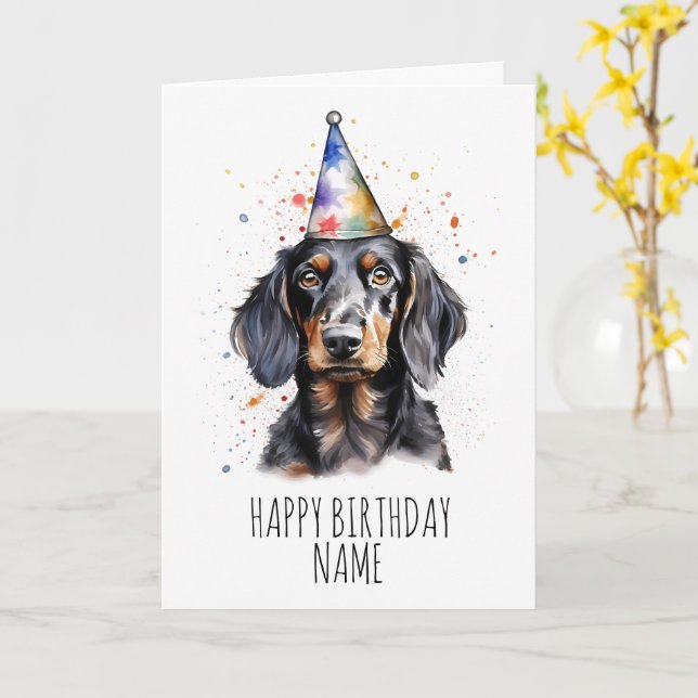 Watercolour Dachshund Birthday Card (Yellow Flower)