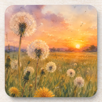 Watercolour Dandelions at Sunset Meadow Landscape  Beverage Coaster