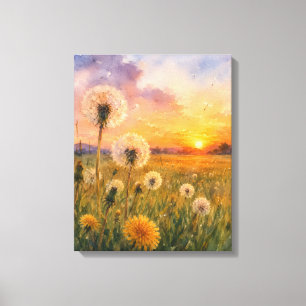 Watercolour Dandelions at Sunset Meadow Landscape Canvas Print