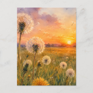 Watercolour Dandelions at Sunset Meadow Landscape  Postcard