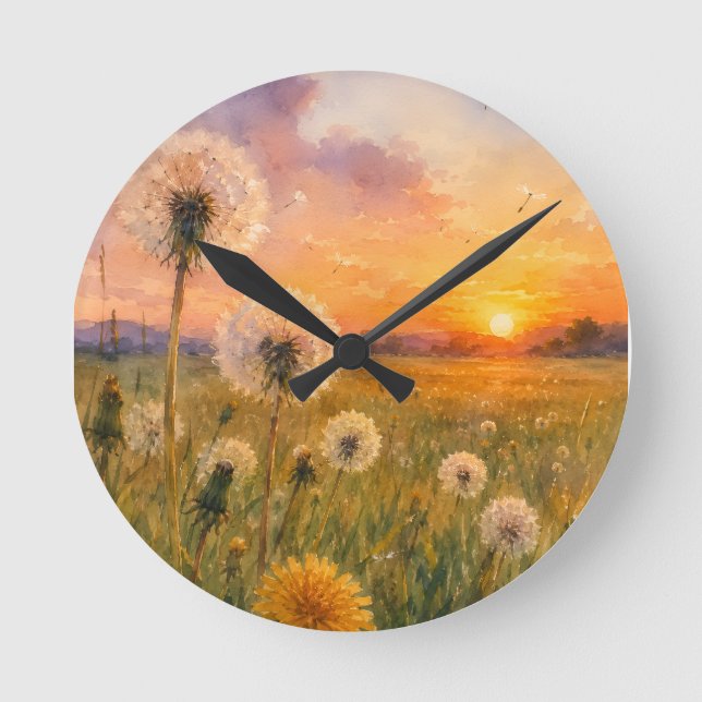Watercolour Dandelions at Sunset Meadow Landscape  Round Clock (Front)