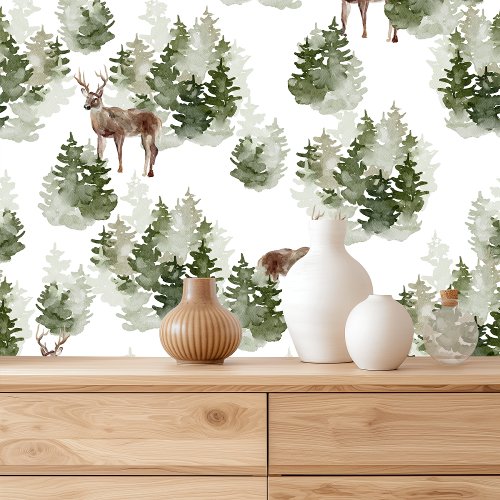 Watercolour Deer and Forest Pattern Wallpaper