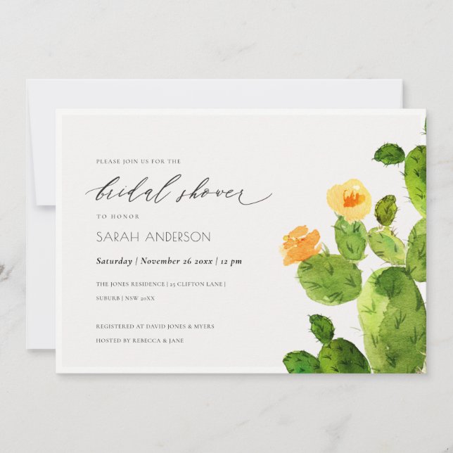 WATERCOLOUR DESERT CACTUS FLOWER  BRIDAL SHOWER INVITATION (Front)