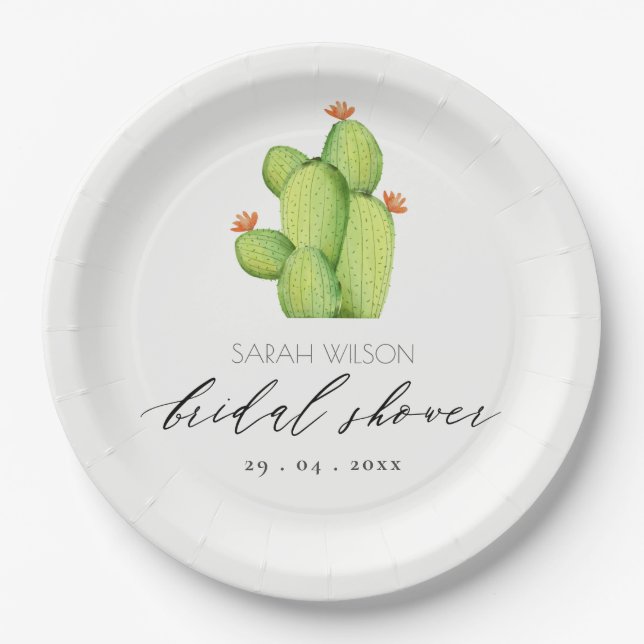 WATERCOLOUR DESERT CACTUS FLOWER  BRIDAL SHOWER PAPER PLATES (Front)
