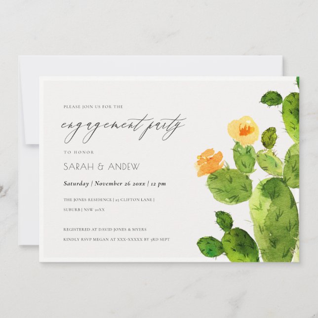 WATERCOLOUR DESERT CACTUS FLOWER  ENGAGEMENT INVITATION (Front)