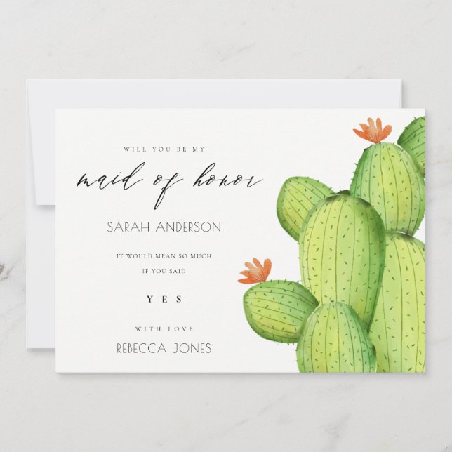 WATERCOLOUR DESERT CACTUS FLOWER MAID OF HONOUR INVITATION (Front)