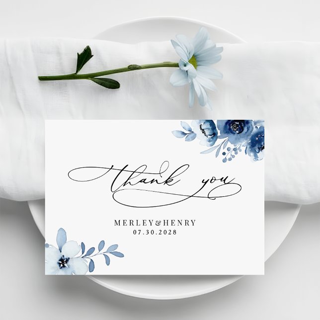 Watercolour Dusty Blue Floral Elegant Wedding Thank You Card (Creator Uploaded)