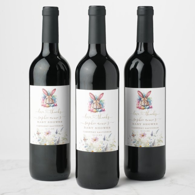 Watercolour Easter Wildflowers Bunny Baby Shower Wine Label (Bottles)