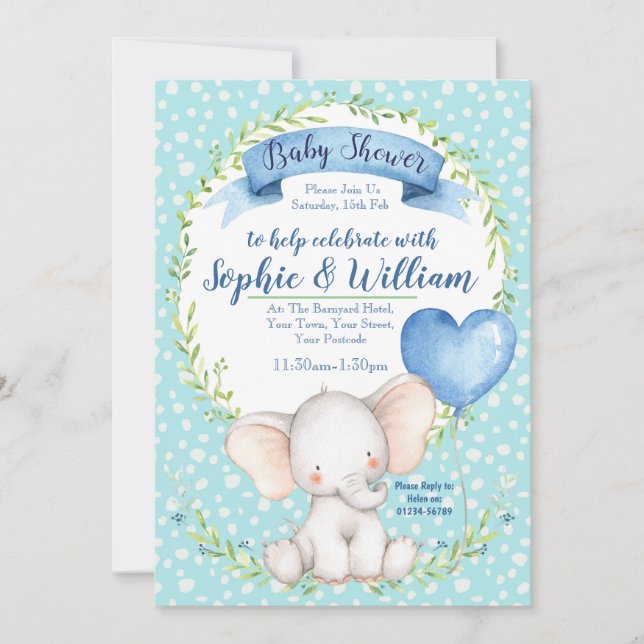 Watercolour Elephant boy Baby Shower Invitation (Front)