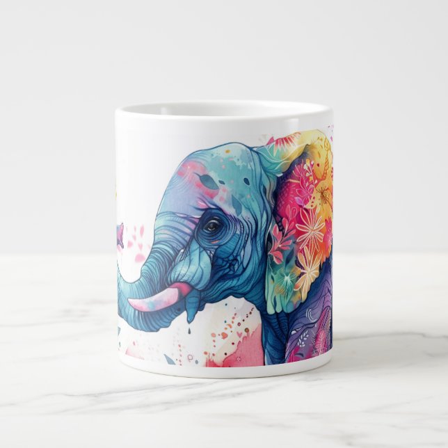 Watercolour Elephant with flowers.  Giant Coffee Mug (Front)