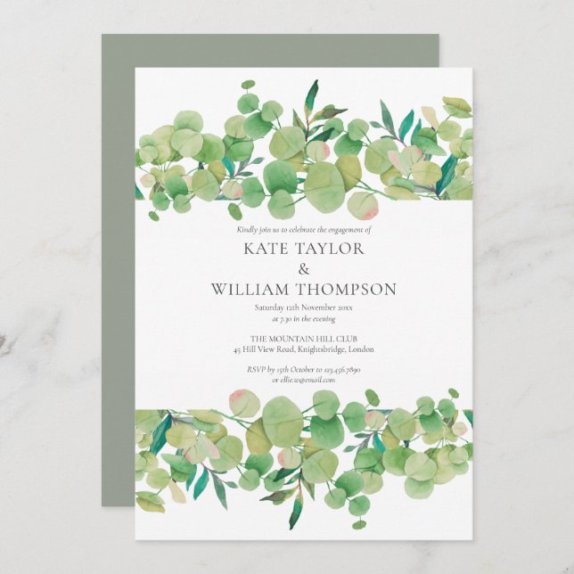 Watercolour Eucalyptus Greenery Engagement Party Invitation (Front/Back)