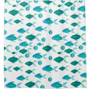Watercolour Fish Pattern in Blue Shower Curtain