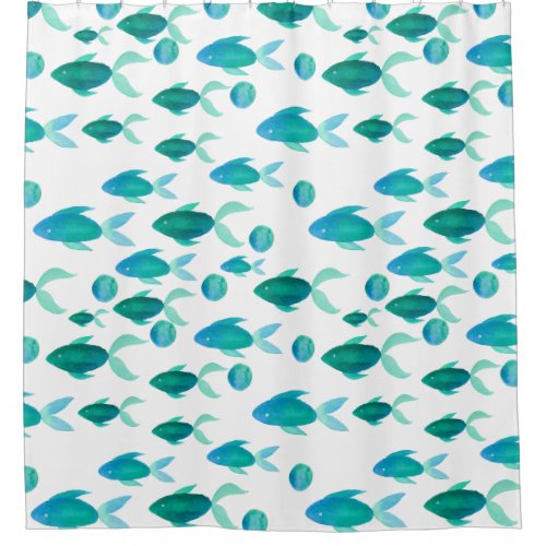 Watercolour Fish Pattern in Blue Shower Curtain