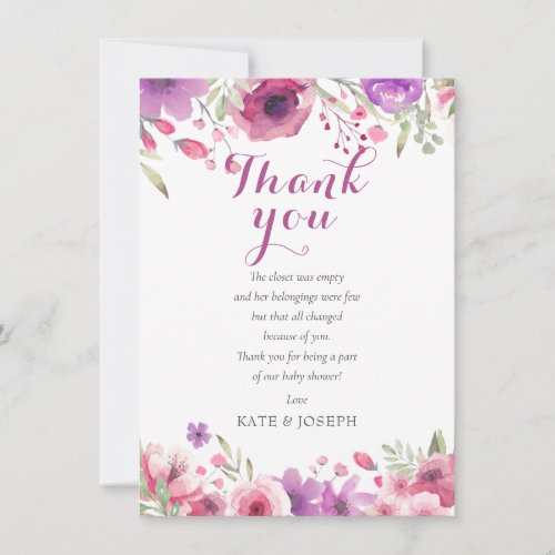 Watercolour Floral Baby Girl Shower Thank You Poem