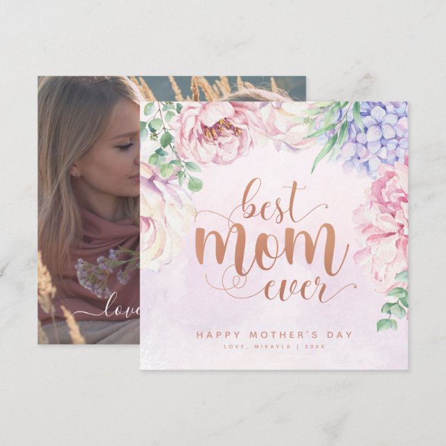 Watercolour Floral Best Mom Ever Photo Card (Front/Back)