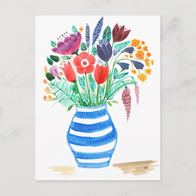 Watercolour Floral Blue Vase, Bright Flowers Postcard (Front)