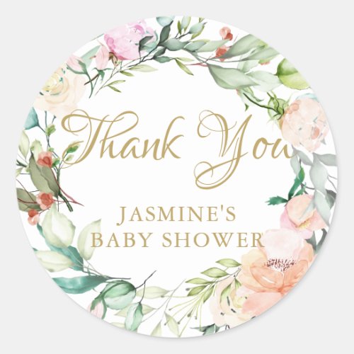 Watercolour Floral gold script baby shower Classic Round Sticker