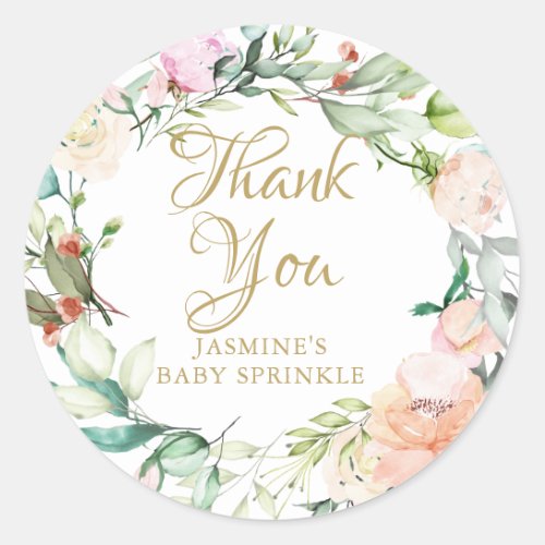 Watercolour Floral gold script baby sprinkle Classic Round Sticker