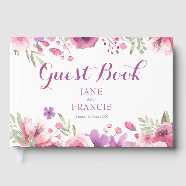 Watercolour Floral Greenery Wedding Guest Book (Front)