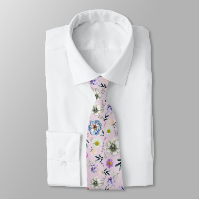 Watercolour Floral Pattern Pastel Pink background Neck Tie (Tied)